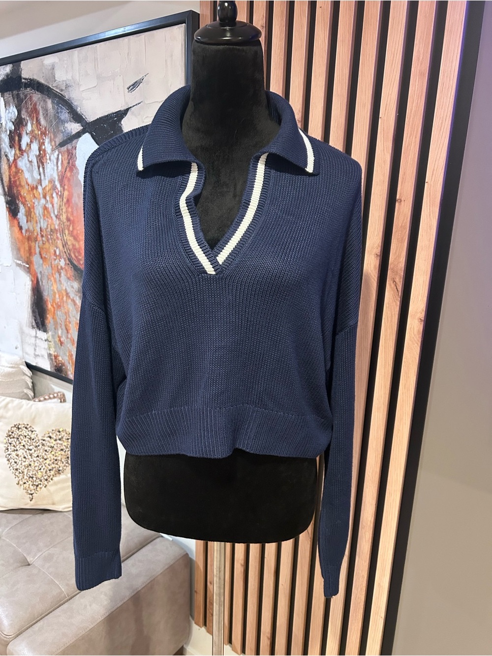 PINK Victoria's Secret Navy V-Neck Pullover with White Trim